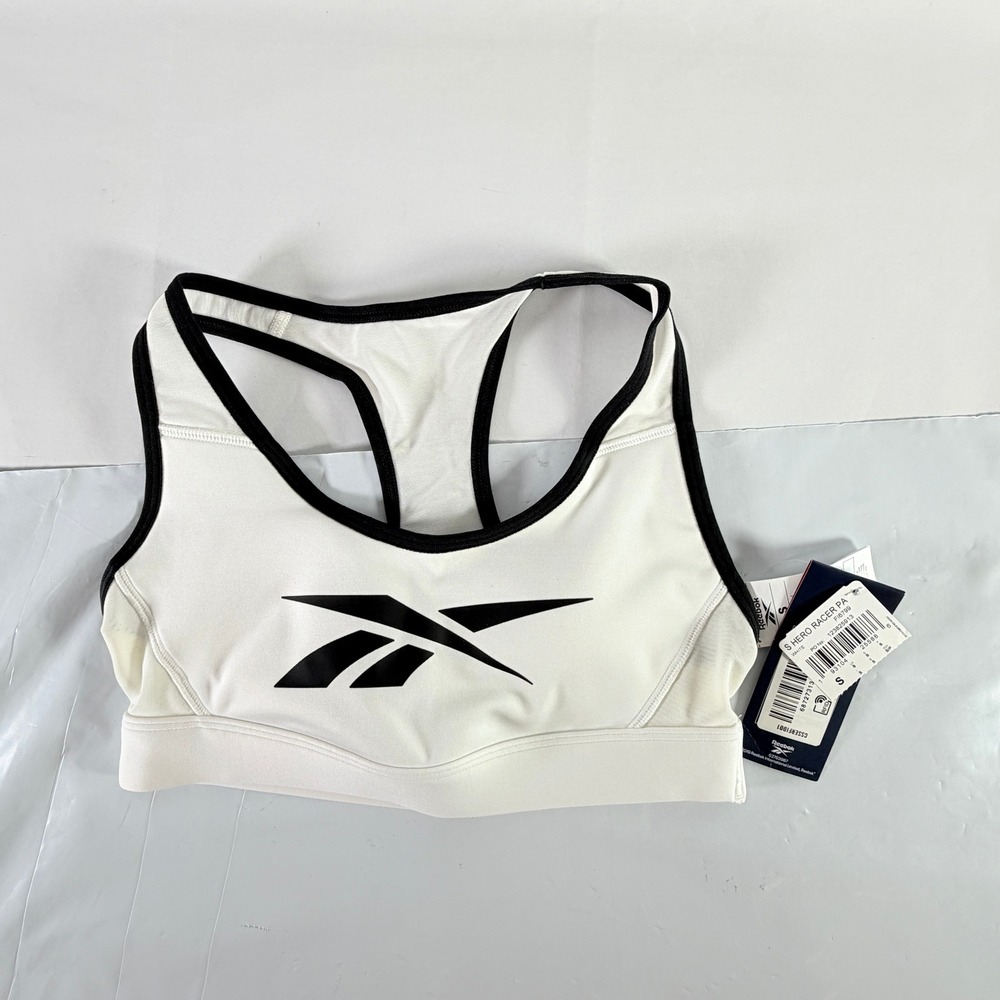 Reebok Hero Racer Medium-Impact Sports Bra White Black Logo Size S